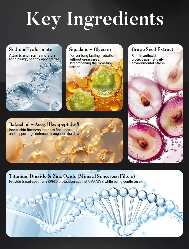 Chart displaying key ingredients in skincare, including Sodium Hyaluronate, Squalane and Glycerin, Grape Seed Extract, Bakuchiol with Acetyl Hexapeptide-8, and Titanium Dioxide with Zinc Oxide.